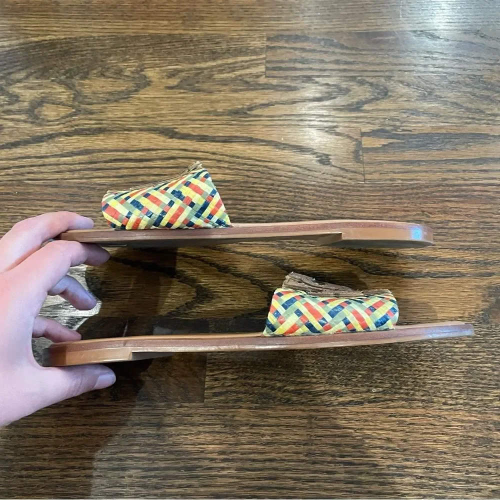 TORY BURCH Ines Woven Raffia Straw & Leather Logo Slip On Sandals